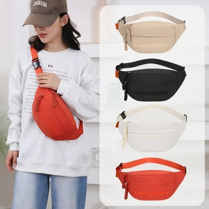 Women's casual canvas chest bag in four colors worn by a model in a minimalist setting