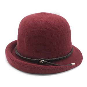 Breathable wine red knitted cloche sun hat with brown braided leather band decoration