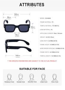 Detailed size specifications for black square sunglasses showing frame and lens dimensions