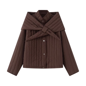 Brown quilted cotton jacket for women featuring oversized bow collar and metallic buttons