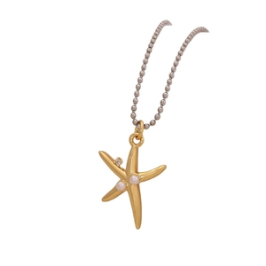 Gold starfish pendant with white pearls on a silver bead chain jewelry necklace