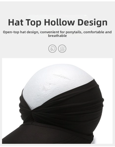 Detail of black open-top sun hat featuring ponytail friendly design and breathable fabric