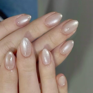Cat Eye Schimmer Press On Nägel Nude Rosa Mandelform ABS Glänzende Falsche Nägel Für Frauen Elegante Tägliche Maniküre