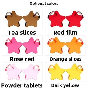 Detailed view of six colorful rimless star-shaped sunglasses for kids' party fashion