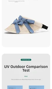Detail of UV protection test and straw sun hat with blue denim bow and adjustable strap