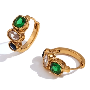 18K gold plated stainless steel hoop earrings featuring blue and green sapphire crystals