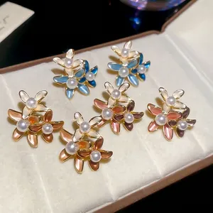 18K gold-plated floral pearl earrings in blue, orange, and pink enamel colors