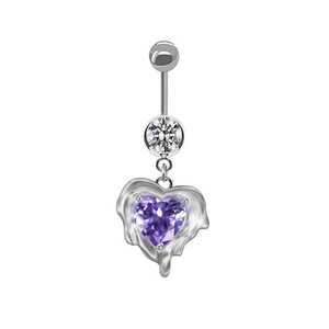 Detail shot of silver navel ring with round crystal and purple heart-shaped fluid pendant