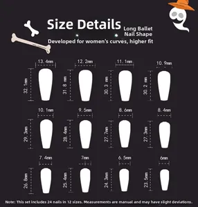 Size guide for long coffin press-on nails showing dimensions for 12 different nail sizes