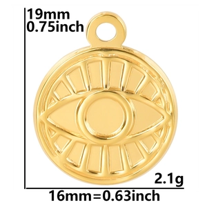 Detail showing dimensions of golden evil eye pendant 19mm x 16mm and weight 2.1g