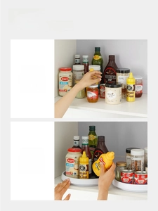 Detail showing 360-degree rotating lazy susan organizer for kitchen cabinet storage