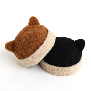 Cute teddy velvet baby hats with ears in brown and black colors for winter warmth