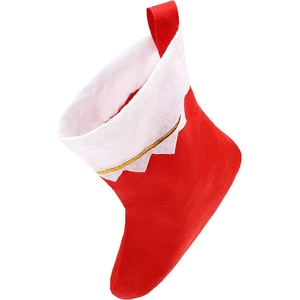 Red felt Christmas stocking with white cuff and gold trim on white background