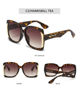 Detailed views of square tortoiseshell sunglasses with brown gradient lenses and gold accents