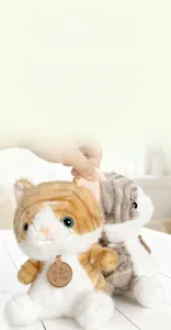 Detail of plush cat toy with Chubby Cat tag and soft striped fur texture