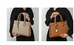 Detail view of structured tote bags in beige and brown with Fashion & Bags gold lettering