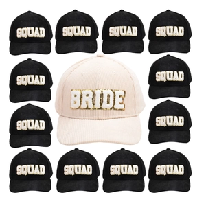 12-piece corduroy baseball cap set with Bride and Squad embroidery for bridal parties
