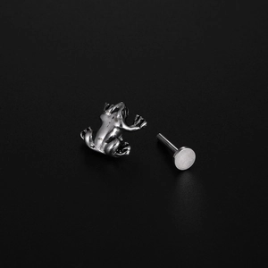 Silver stainless steel frog flat back stud earring on black background
