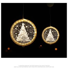 Close-up of circular acrylic 3D Christmas lights with warm white LED tree and stars