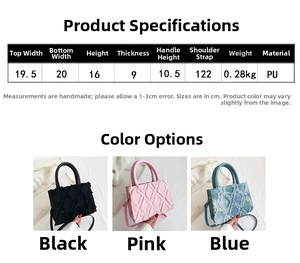 Detailed size chart for the quilted tote bag showing dimensions and color options