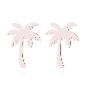 Pair of rose gold coconut tree stud earrings with polished finish on white background