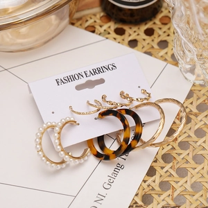 Detail of diverse earrings set featuring gold hoops, acrylic hoops and pearl studs