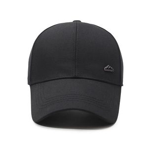 Classic black cotton baseball cap featuring a premium silver mountain metal badge on the side