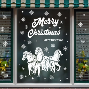Christmas window decals with white horses and Merry Christmas greetings for festive decor