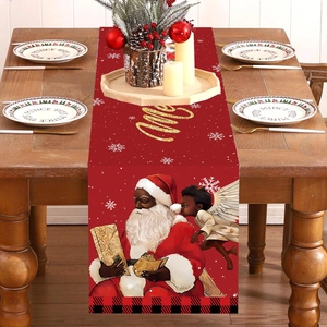 Christmas Table Runner Polyester Santa Claus Angel Gold Letter Merry Christmas Pattern Red Buffalo Plaid Holiday Decor