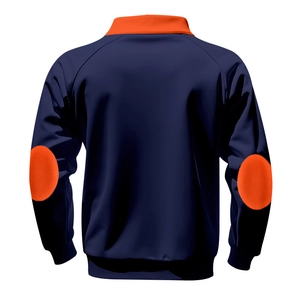 Back view of a heavy fleece navy jacket featuring distinctive orange elbow patches and collar
