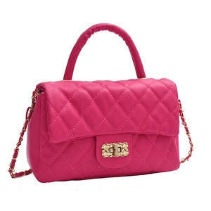 Fashionable rose red quilted crossbody bag with gold chain strap and turn-lock closure