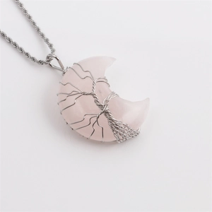 Pink crescent moon necklace with silver tree of life wire wrapping and twisted chain