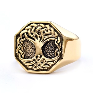 Golden Tree of Life signet ring with Celtic knot patterns and octagonal face design