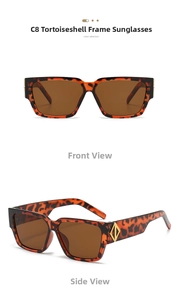 Detail of tortoise frame square sunglasses with brown lenses and gold rhombus accents