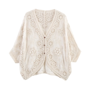 Women Crochet Cardigan Sweater Hollow Out Floral Embroidery V Neck Button Down Bohemian Vintage Knit Tops Mori Girl