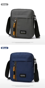 Front view of grey and blue nylon messenger bags with vertical orange zipper pulls