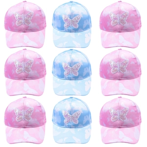 Grid view of kids butterfly print baseball caps in pink and light blue with sequins