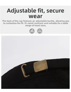 Detailed view of the adjustable bronze buckle and wool fabric on the men's winter cap