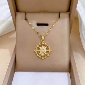 Eight Pointed Star Sun Pendant Necklace Gold Plated Titanium Steel Copper Micro Pave Zircon CZ Elegant Women Gift