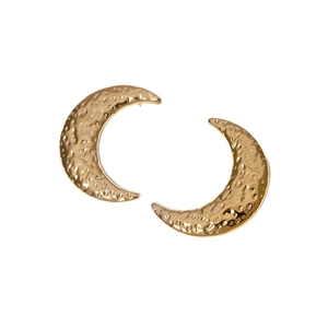 Minimalist gold moon earrings with hammered metal texture on white background