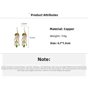 Detailed size specifications of gold tassel earrings with jade-style charms and dimensions