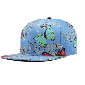 Detail of light blue flat brim hat with vibrant butterfly and vintage scroll patterns