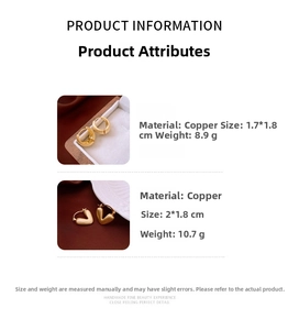 Detailed size chart for geometric brushed copper heart and hoop earrings in gold finish