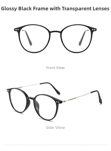 Detail of round black glasses frame with silver dot accents and transparent lenses