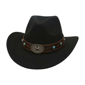 Classic black wool felt western cowboy hat with brown turquoise leather band decoration