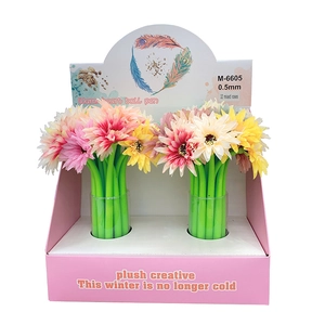 Display box of 32 creative rose flower 0.5mm black ink gel pens in assorted colors