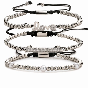 Adjustable Braided Rope Bracelet Copper Micro Pave Zirconia Love Letter Heart Safety Pin Pendant Imitation Artificial Pearl Jewelry