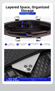 Internal compartments of the black business briefcase showing laptop sleeve and phone pockets