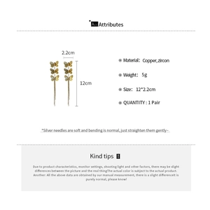 Detailed size and material specifications for gold butterfly tassel drop earrings