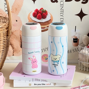 Mini thermos de poche en acier inoxydable avec mignons motifs de lapin rose et ours bleu